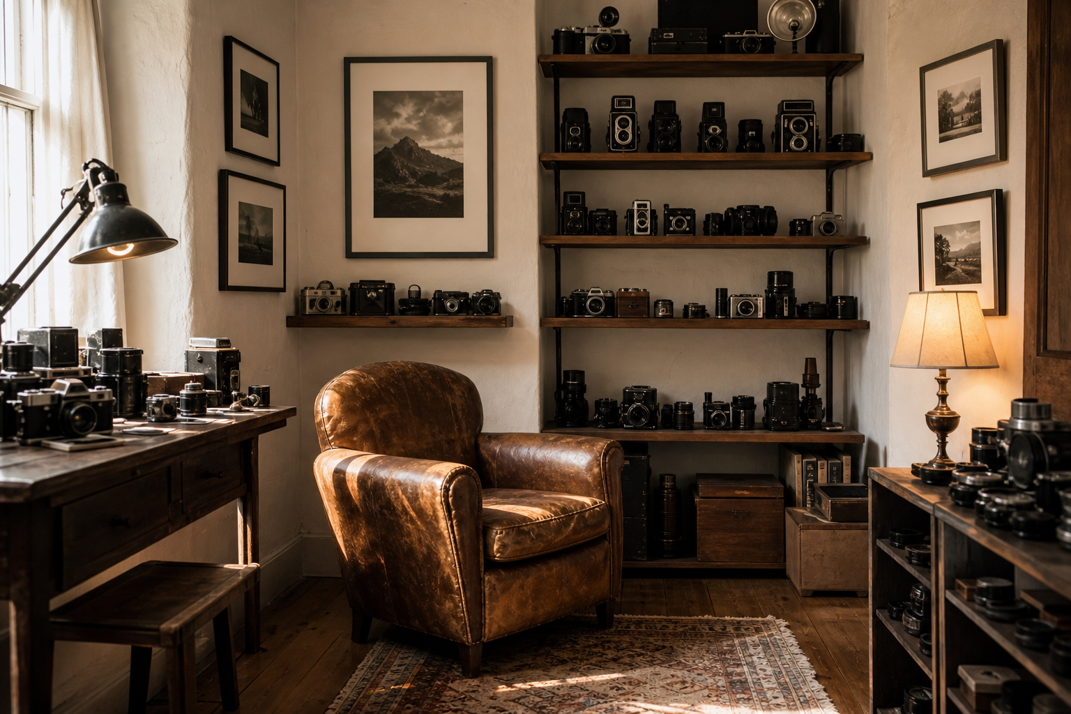 Coin studio avec fauteuil vintage et tirages encadrés